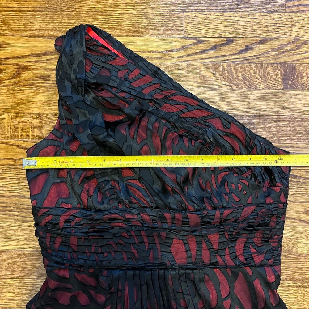 Le Chateau One-Shoulder Black Red Midi Silk Evening Cocktail Prom Formal Dress - Picture 13 of 16